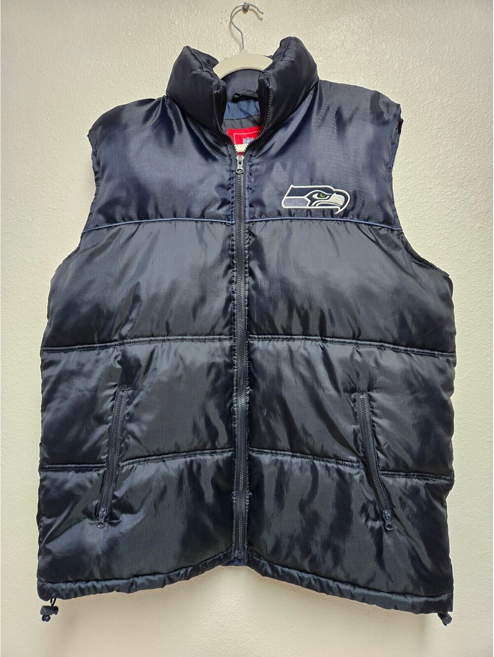 VTG NFL G-III Seattle Seahawks Puffer Vest Navy Blue Men's XL Packable Hood